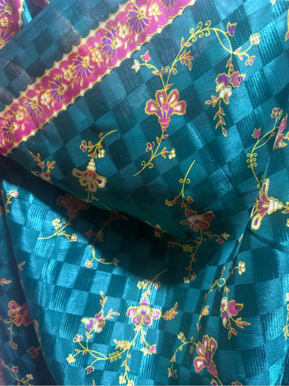 4 yards vintage fabric textile teal green pink yellow floral SUPER NICE!!! NEW